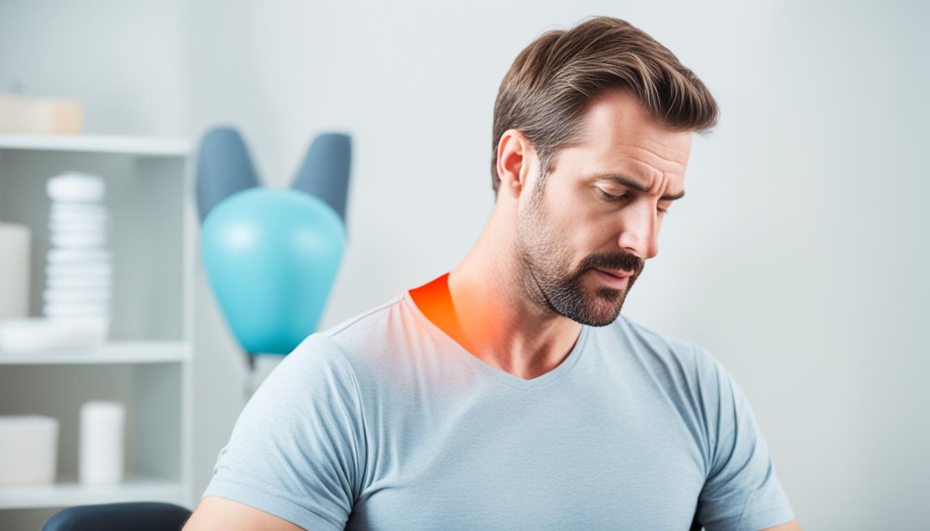 Homem de camiseta azul com expressão de dor, sentado numa sala clara