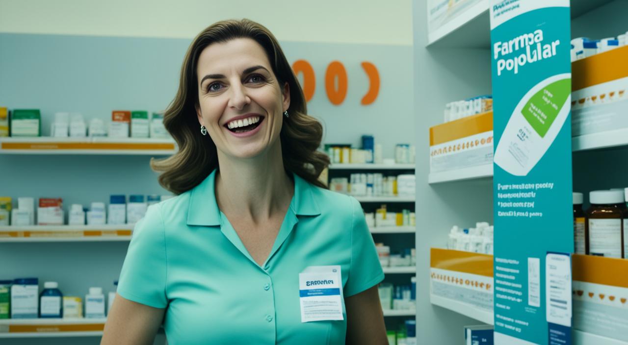 Atendente de uniforme verde-água sorrindo diante da prateleira de medicamentos