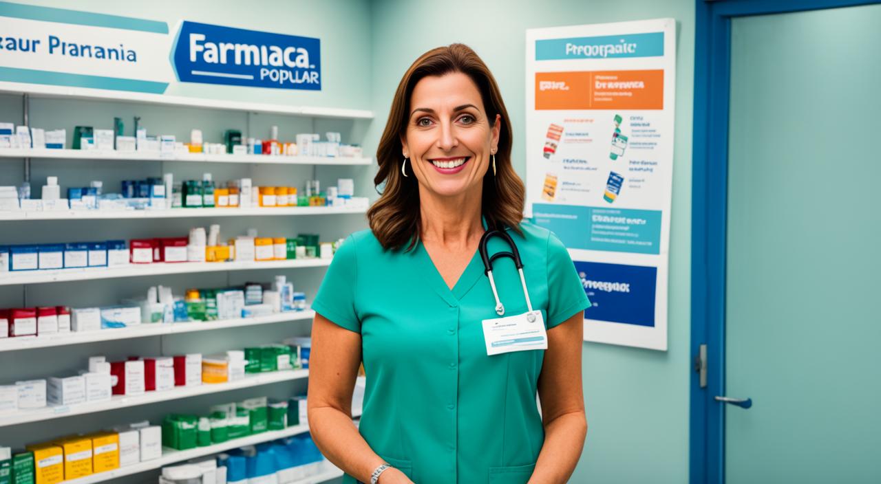 Atendente de uniforme verde-água sorrindo no balcão de uma farmácia popular