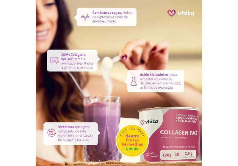 Arte de divulgação de um colágeno em pó, com copos de vitamina e a embalagem