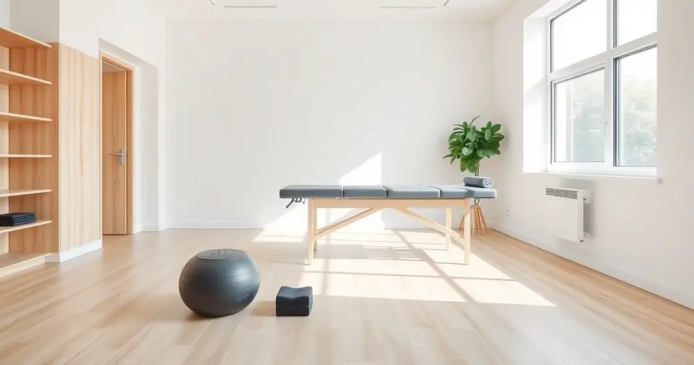 sala de fisioterapia vazia com maca, bola de exercício e rolo de liberação