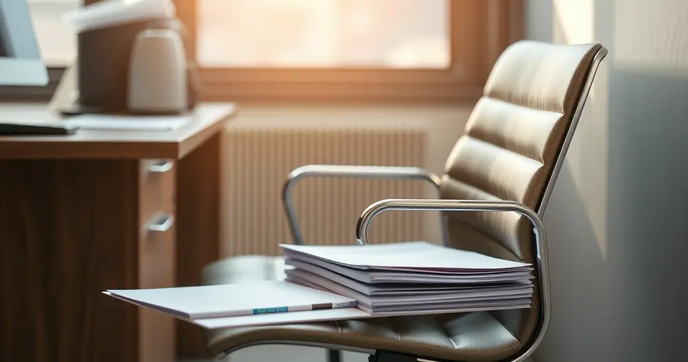 cadeira de escritório com pilha de papéis ao lado da mesa em sala clara