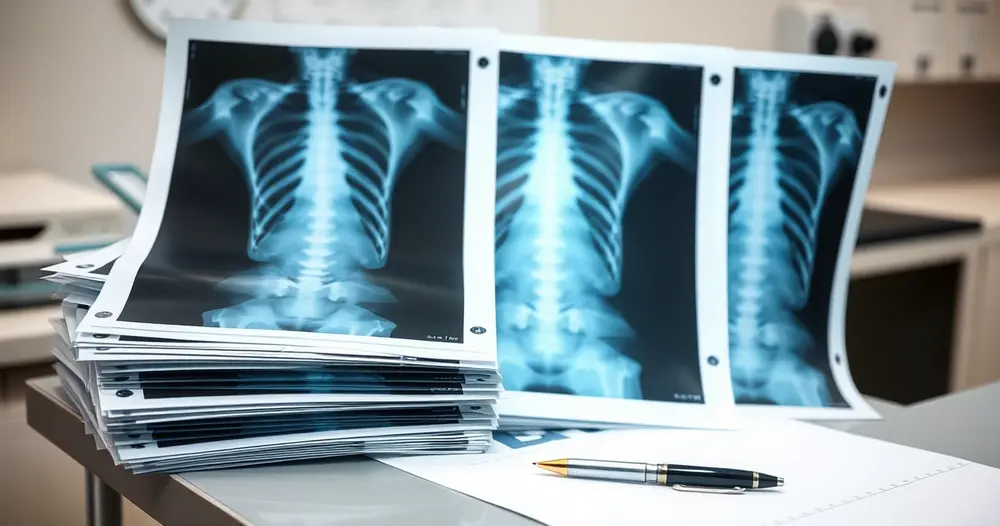 chapas de raio-X da coluna empilhadas sobre mesa de consultório